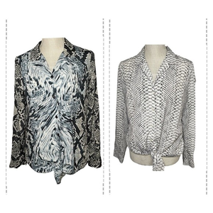MICHAEL KORS Snake Print Button Down‎ Silver Blue Blouse Tie Front Bundle Sz M
